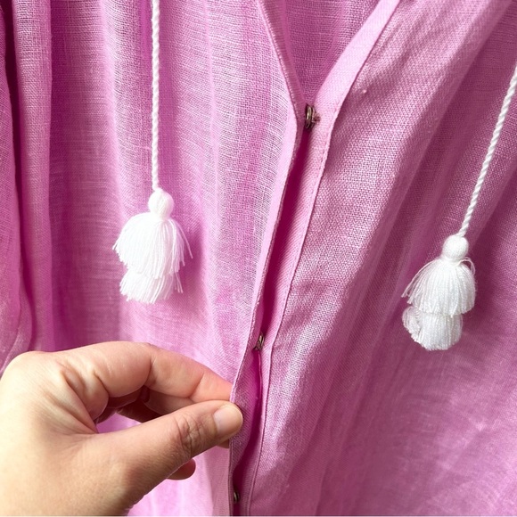 ELEVEN March 11 Pink Linen Embroidered drop waist tassel Tunic Dress - Picture 7 of 12